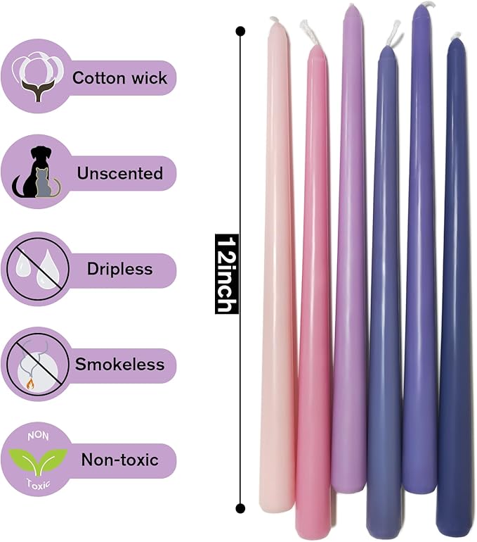 12 Inch Taper Candles 6 Pcs Unscented, Smokeless, Dripless Long Tapered Candlesticks Candles for Christmas Birthday Dinner Wedding Party Home Decor