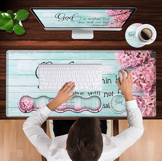 Mouse Pad Set, Large Gaming Mouse Pad + Keyboard Wrist Rest Support + Mouse Wrist Cushion + Coaster, Non-Slip Rubber Base, 31.5 x 11.8 in Extended Desk Mat for Office, Psalm 46-5 Pink Hyacinth