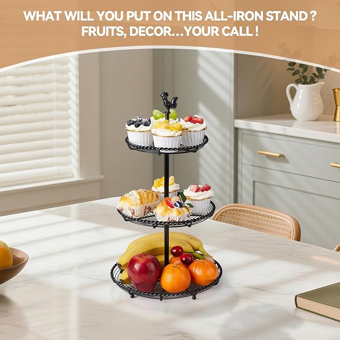 Openwork 3 Tiered Tray Stand, Vintage All-Iron 3 Tier Serving Tray with Hand - Twisted Edges & Chicken Top, Convertible Two Tiered Tray Stand for Home Kitchen Decor, Coffee Food Fruits Cupcakes