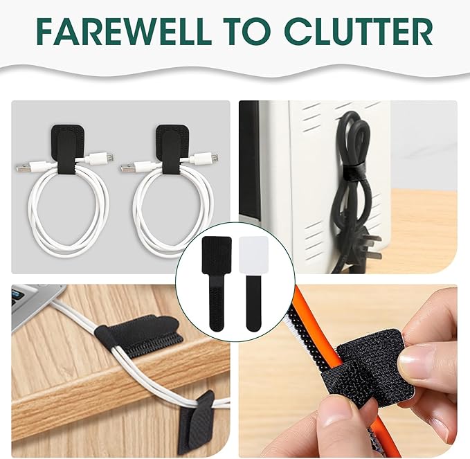 Hook and Loop Cable Ties, 50PCS Black Cord Organizer, Under Desk Cord Management for Home & Office, 1.18×3.54×0.59in