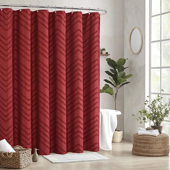 78inches Long Burgundy Shower Curtain Boho Farmhouse Shower Curtain 72 x 78 Tufted Chevron Textured Minimalist Shower Curtains for Bathroom