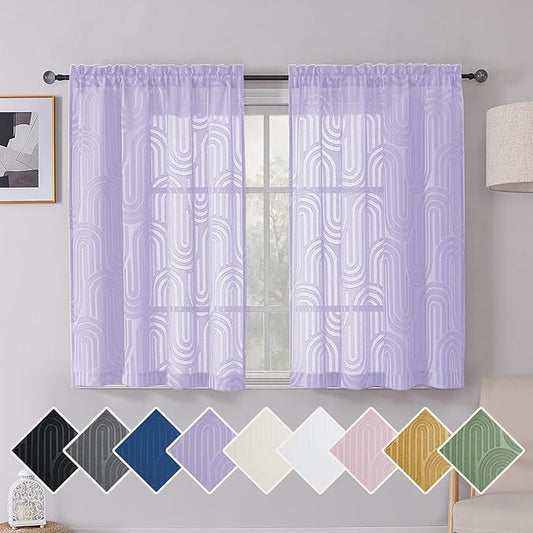 Simplebrand Lavender Sheer Curtains 54 Inch Length 2 Panels, Geometric Mid Century Jacquard Clip Textured Short Curtains Sheer for Bedroom, Light Filtering Rod Pocket Window Curtains, 42Wx54L Inches