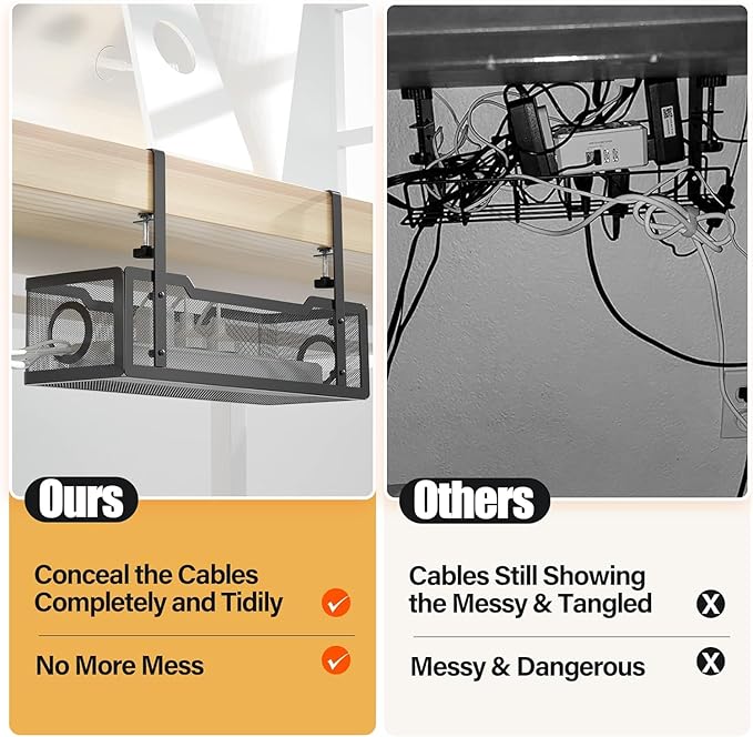4 Pack Under Desk Cable Management Box Black, Cinati 53.6" Wire Organizers No Drill, Cord Organization Tray with Clamp for Office, Home - No Damage to Desk