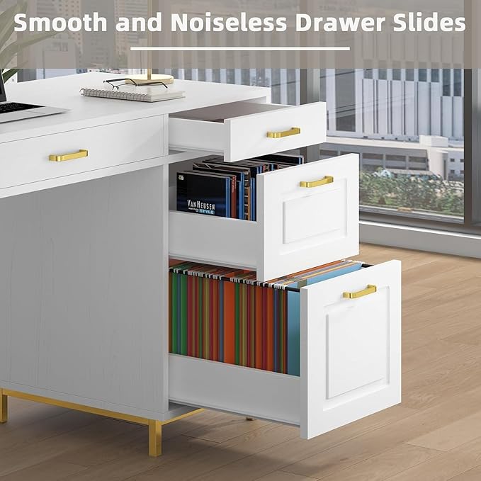 White and Gold Desk with 2 File Drawers, 57 Inch Office Computer Desk with 7 Drawers, White Desk with Storage, Wooden Executive Desk for Office, Workspace for Work Study Writing