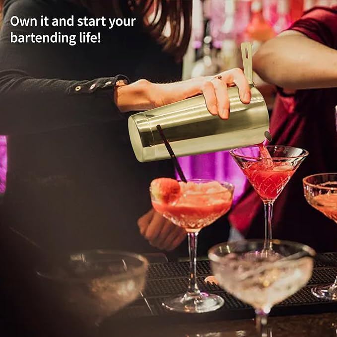 Boston Cocktail Shaker Bar Set, Weighted Boston Shaker Tins, Bartender Kit with 18oz & 28oz Mixed Drink Shaker, Hawthorne Strainer, Double Measuring Jigger - Gold