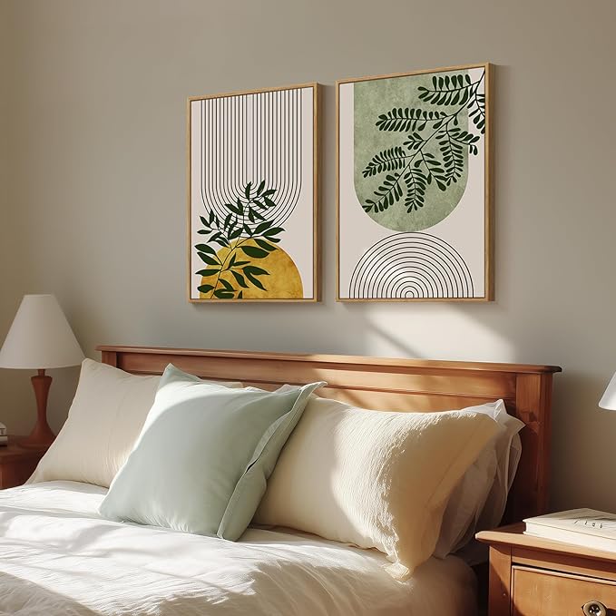 Framed Green Boho Wall Art for Room Decor, Set of 2 Botanical Geometric Artwork for Bedroom Walls, Bohemian Modern Neutral Canvas Paintings Prints for Living Room Office Kitchen Wall Decor, 16x24 Inch