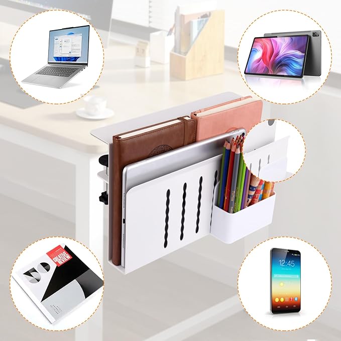Desk Side Storage, Under Desk Laptop Mount, Table Side Hanging File Organizer, No Drill Clamp On Cable Management Tray, Laptop Holder with Magnetic Pen Holder for Office and Home