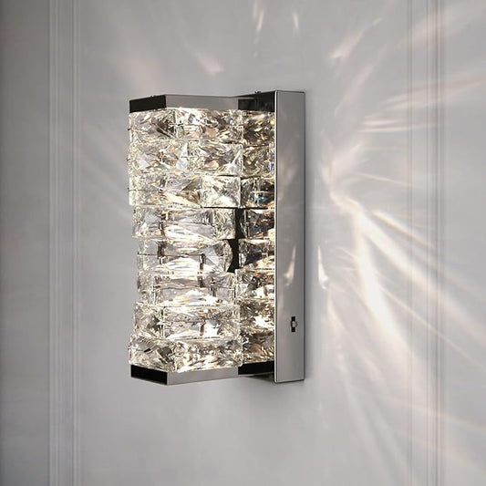 HuisMier Chrome Crystal Wall Sconces, Modern Dimmable LED Wall Light Fixtures with 3 Color Temperature, K9 Elegant Crystal Vanity Wall Lighting for Bathroom Bedroom Living Room Stairway Hallway