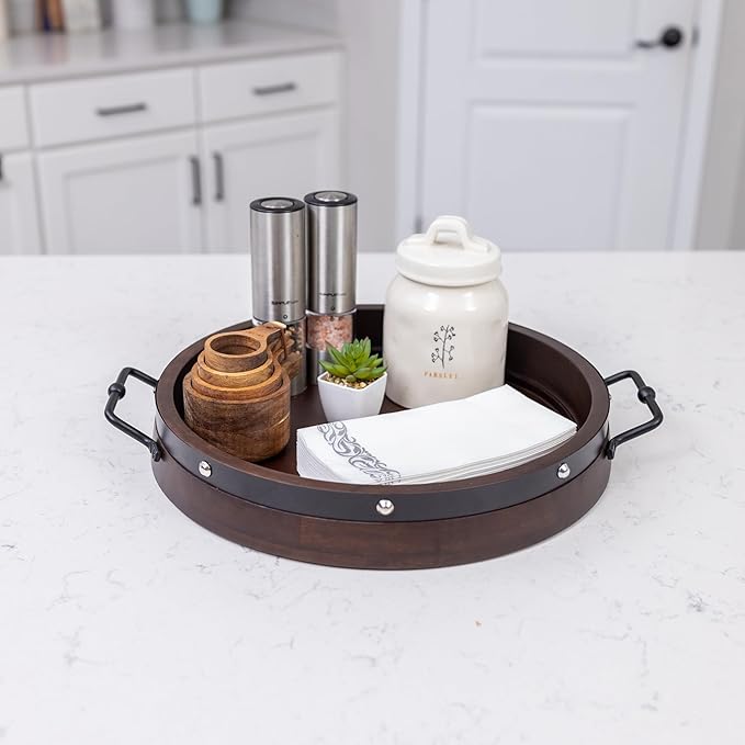 16" Large Round Ottoman Tray, Heavy Duty Mango Wood, for Serving Tea, Breakfast in Bed, Living Room Large Coffee Table Tray Rustic with Farmhouse Style, Decorative Handles and Accent Strap