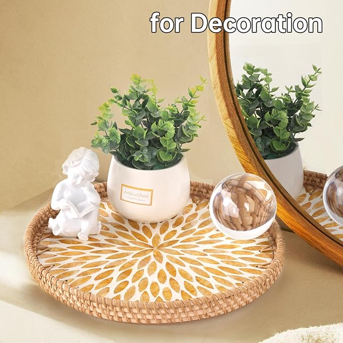 Round Rattan Tray with Mother of Pearl Inlay, Rattan Serving Tray for Coffee, Bread, Fruits, Decorative Wicker Tray for Table Decor, Home Decor, Kitchen Island Decor (Amber Leaf, 11.8")