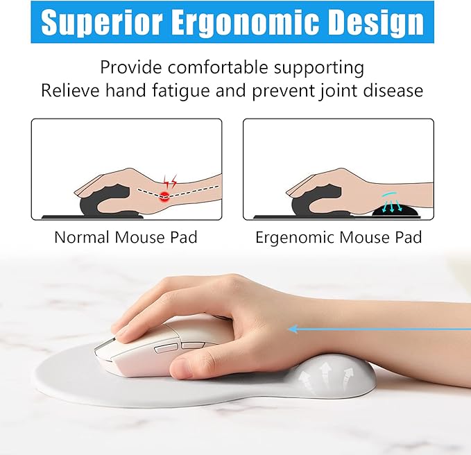 Hsurbtra Ergonomic Mouse Pad with Wrist Rest Support, Gel Mouse Pads with Non-Slip PU Base, Pain Relief Memory Foam Computer Mat, Cute Office Supplies Desk Decro Accessories, Ivory White
