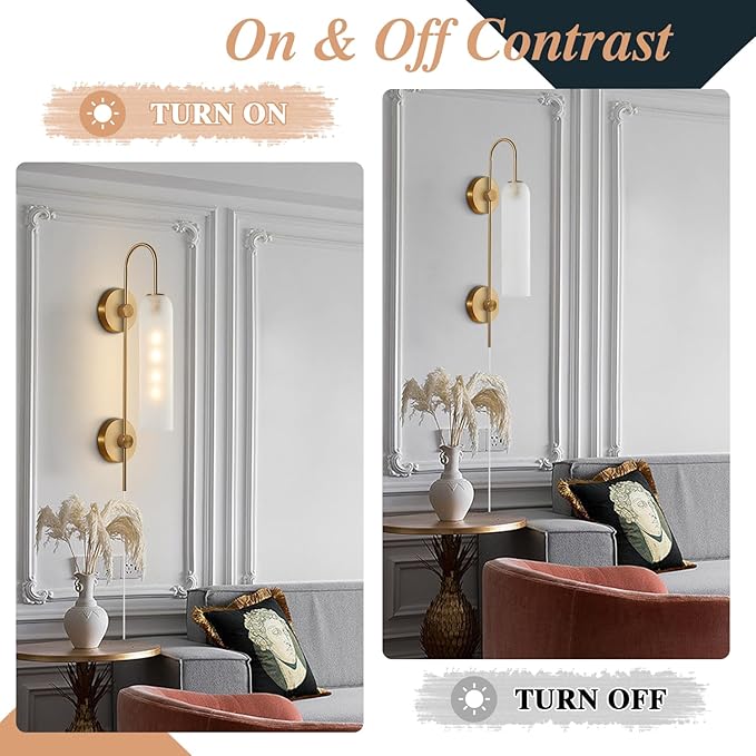 BOKT Mid Century Modern Plug in Wall Sconces Indoor Long Brushed Gold Milk White Glass Sconces Wall Lighting Single Wall Sconce Bathroom Vanity Light Brass Wall Mounted Light Fixture (White)
