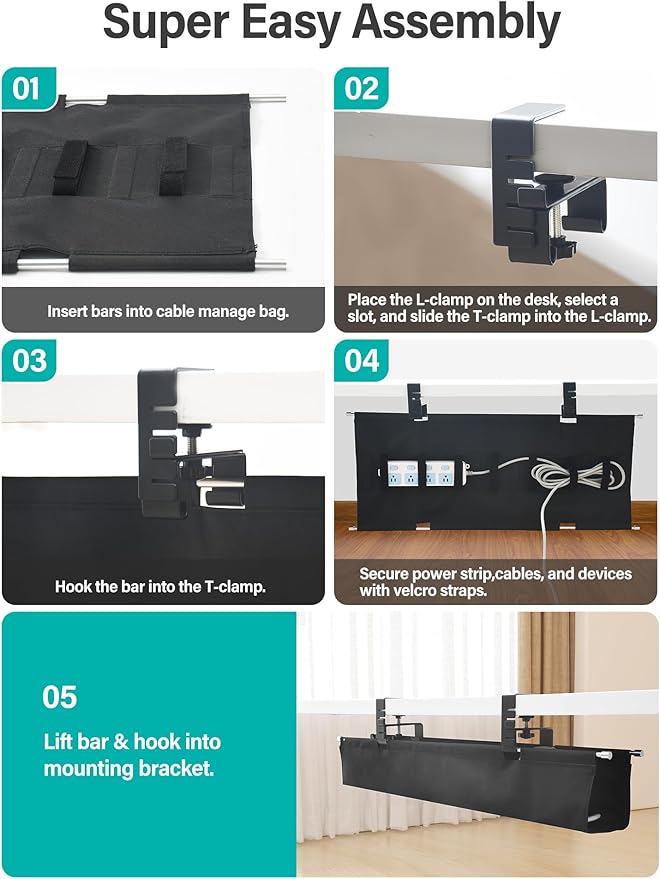 [Upgraded] 49.2" Under Desk Cable Management Tray, Orapoke Cable Management Under Desk No Drill, Large Fabric Cord Hider for Wire Organization, Cord Organizer Supports Up to 30lbs for Office, Home