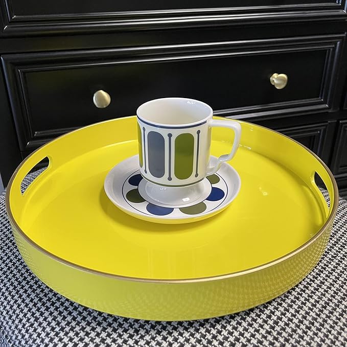 Zosenley Decorative Tray, Round Plastic Tray with Handles, Modern Vanity Tray and Serving Tray for Ottoman, Coffee Table, Kitchen and Bathroom, Size 13” (Yellow)