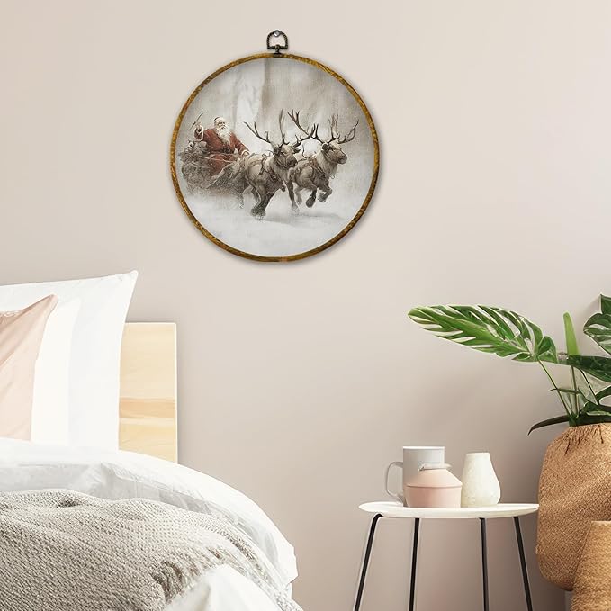 QZQE Vintage Christmas Santa and Reindeer Round Wall Art Decor Framed, Xmas Snowy Winter Circle Canvas Prints, Rustic Cozy Winter Circular Wall Hanging Decor for Home Bedroom Living Room, 10x10 Inch