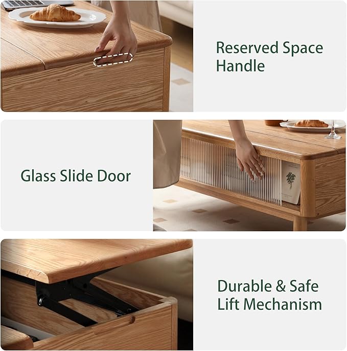 Lift Top Coffee Table, 100% Solid Oak Wood Log Color Coffee Table with Glass Sliding Door, Rectangular Coffee Tables with Storage for Living Room Home Decor-47.24" L