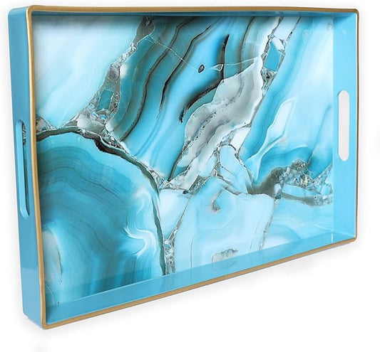 Spsyrine Decorative Tray, Plastic Marble Serving Tray with Handles for Breakfast, Ottoman, Coffee Table, Bathroom, Kitchen, Living Room 15.6” X 10.2"