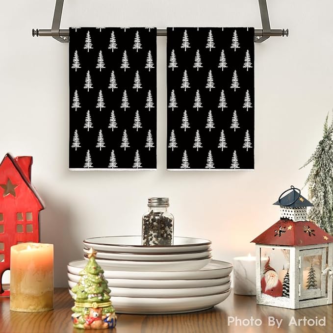 Artoid Mode Black Xmas Tree Christmas Kitchen Towels Dish Towels, 18x26 Inch Farmhouse Holiday Winter Decoration Cleaning Set of 2