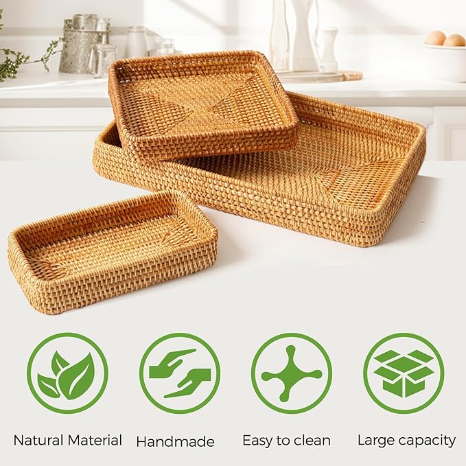 Rattan Serving Tray, Rectangle Basket Set of 3, Wicker Storage and Organizing Baskets, Natural Decorative Woven Tray for Home Decor, Bathroom, Kitchen Counter