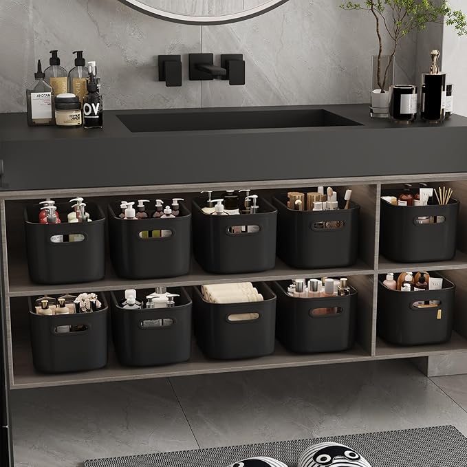 10 Pack Black Plastic Storage Bins, Storage Container for Organizing, Storage Boxes with Handle for Shelves, Cute Organizer Bins for Craft, Snacks, Pantry, Cabinet, 9.69x6.7x5.7 inch