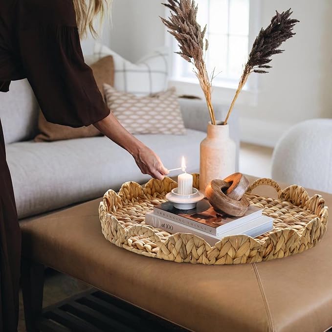 Extra Large Round Ottoman Table Tray 19.7" with Handles - Water Hyacinth Wicker Serving Tray for Farmhouse Decorative Oversized Coffee Table Trays Living Room Kitchen Counter Breakfast Scalloped