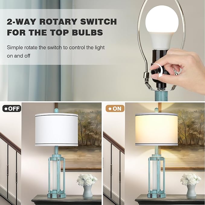Table Lamp for Living Room, Vintage Rustic Industrial Farmhouse Lamps with USB A+C Charging Ports & AC Outlet, Beside Nightstand Metal Lamp with LED Night Light & Fabric Shade for Bedrooms