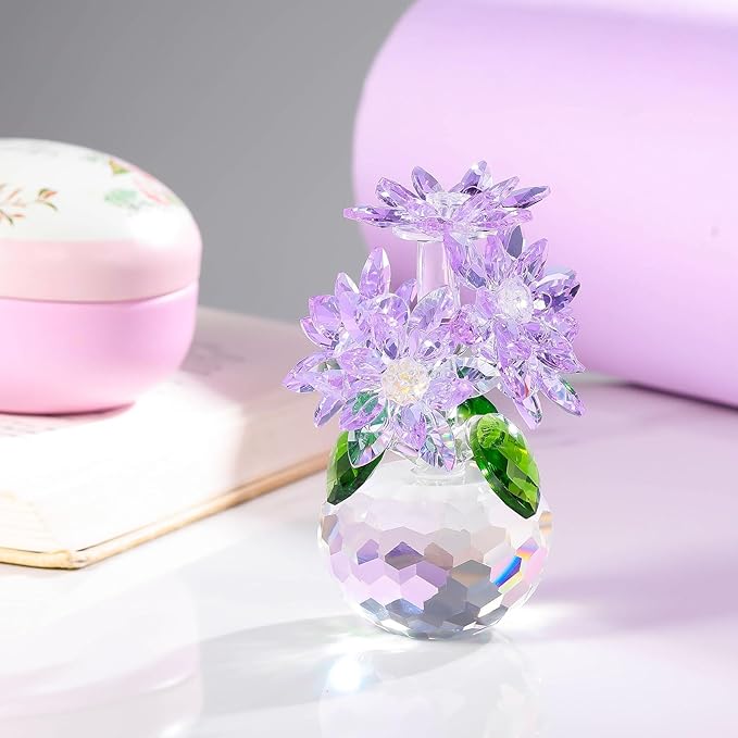 Enjinkail Handmade Crystal Daisy Figurine - Purple Glass Flowers Gifts for Women, Elegant Home Decor & Table Centerpiece