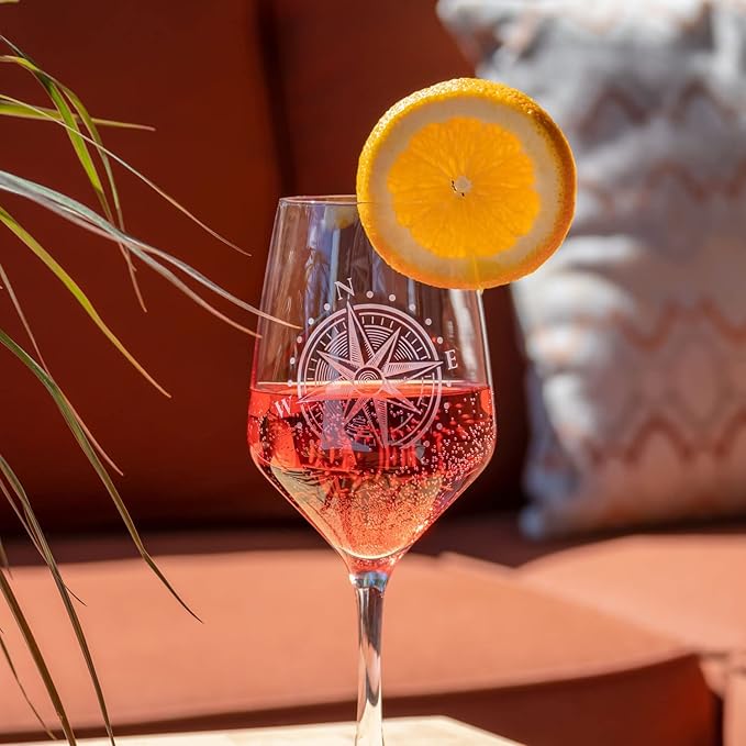 Rolf Glass Compass Star All Purpose Wine Glass | 19.5 Ounce Stemmed Wine Glass | Set of 4 Lead-Free Glassware | Nautical-Themed with Intricate Compass Star Design