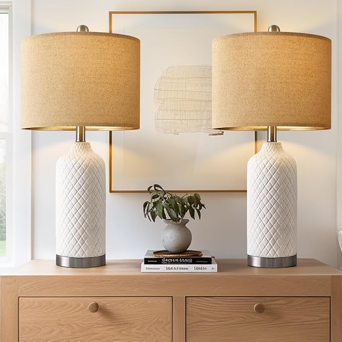 24.25" Modern White Ceramic Table Lamps Set of 2, Boho Farmhouse Bedside Lamps with White Linen Shades, Perfect for Living Room, Bedroom Nightstands, and End Tables