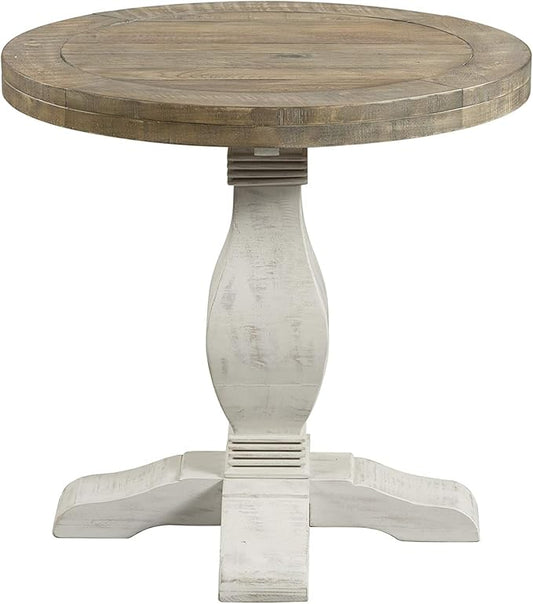 Napa Solid Wood Farmhouse Rustic Reclaimed Natural and White Stain Round End Side Accent Living Room Table, Nightstand Bedside 26" W x 26" D x 25" H