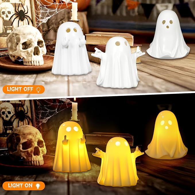 Halloween Decorations Indoor, Set of 3 Light Up Ghost Decorations, Spooky Home Decor Ghosts Figurines for Mantel Tray Shelf Table