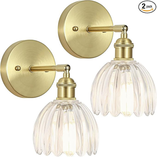 Vintage Wall Sconces Set of Two,Hardwired Wall Lights with Clear Tulip Glass Lampshade,Gold Wall Lamps for Bedroom Bedside Stairway Bathroom Living Room(Bulbs Not Included)