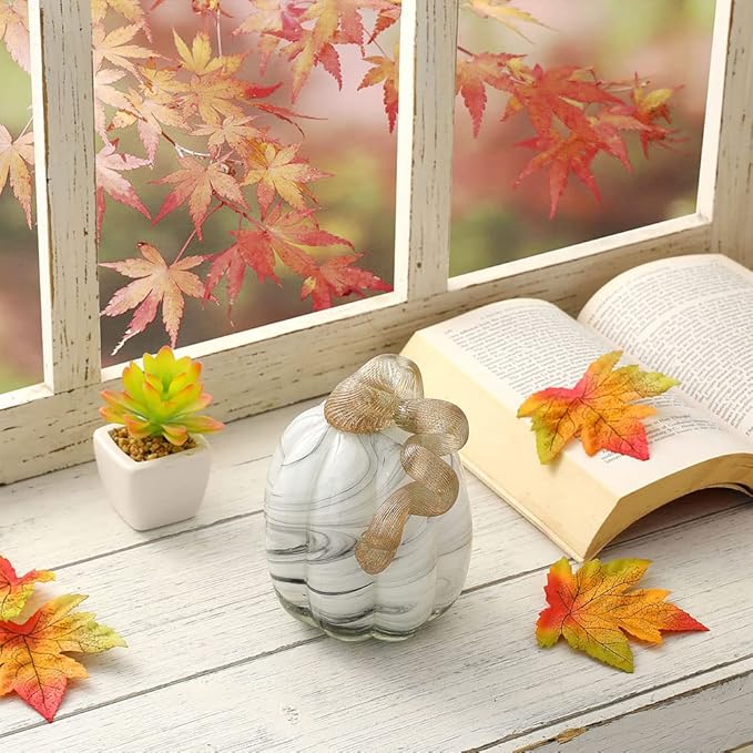 Glitzhome Hand Blown Glass Pumpkin Table Accent for Fall Harvest Thanksgiving Halloween Decorations Gray Marble 5.71" H