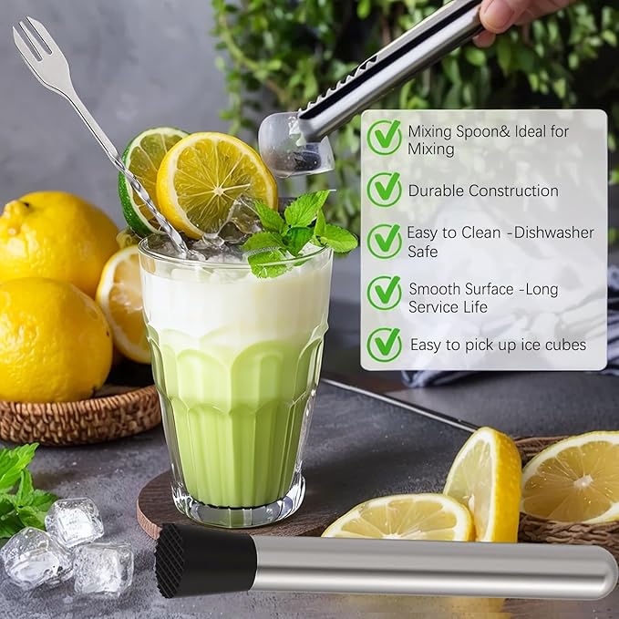 Muddler for Cocktails,10" Bar Spoon & Ice Tongs with Serrated Tip, 3Pcs Stainless Steel Bar Tools Set for Mojitos, Lemonade, Fruit Drinks, Home Party Bar Accessories