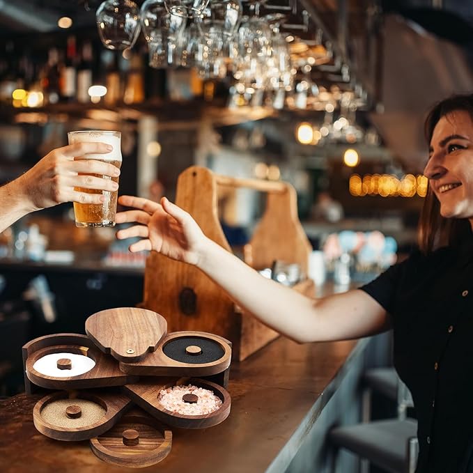 Mifoci Acacia 5 Tier Margarita Salt Rimmer Set Salt and Sugar Glass Rimmer Set with Lid and 5 Sponges Home Bar Accessories for Cocktails Drinks House Party Bartender Supplies