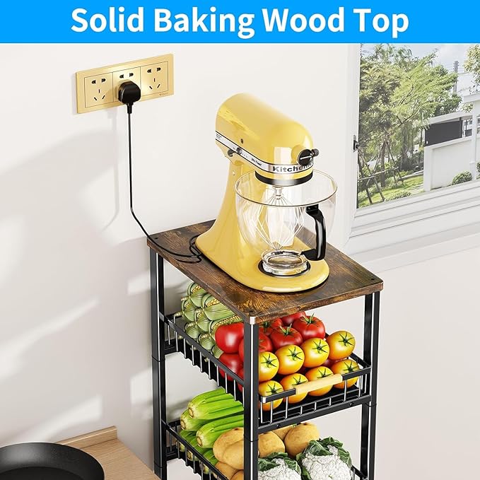 Fruit Vegetable Storage Basket for Kitchen, 4 Tier Large Pull-Out Metal Wire Baskets with 3 Pack Mats Bottom, Wood Top and Wheels, Vegetable Produce Bins Stand Cart Rack for Onions and Potatoes