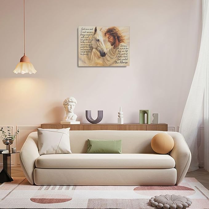 Horse Wall Art Christian Jesus Canvas Wall Decor Scripture Pictures Christ Paintings Prints Religious Bible verse Artwork Framed Decorations For Church Prayer Room Bathroom Bedroom Living Room Gifts 20" x 16"