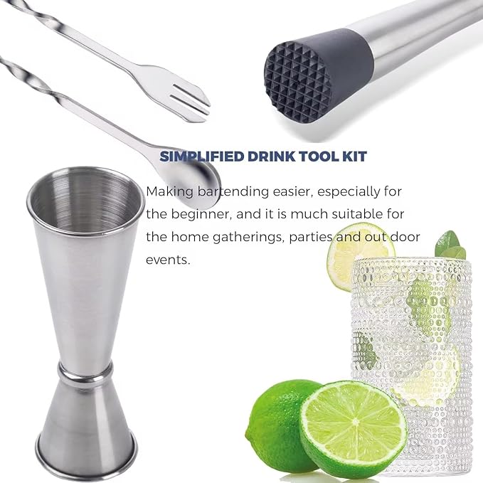Homestia 3 Pcs Muddler for Cocktails Set, 10'' Muddler, 12'' Cocktail Spoon & 1 OZ/2 OZ Double Jigger Mixing Tool Set, Stainless Steel Silver Bar Tool Set for Beverages Drinks Mixing Home Bar