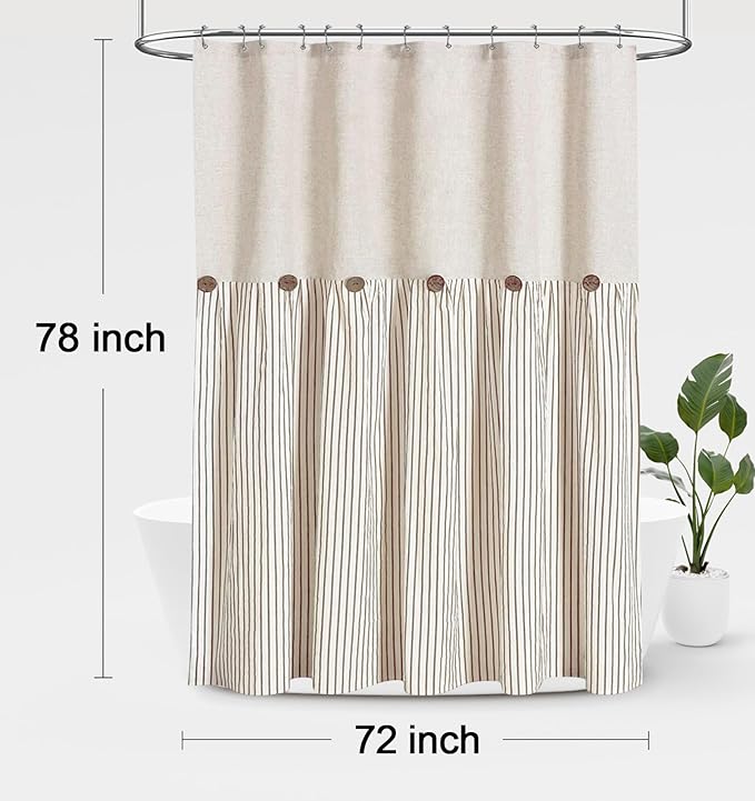 Awellife Farmhouse Beige Shower Curtain Button Linen Textured Woven Fabric,Pleated Beige Stripe,Country Style,72" W x 78" L