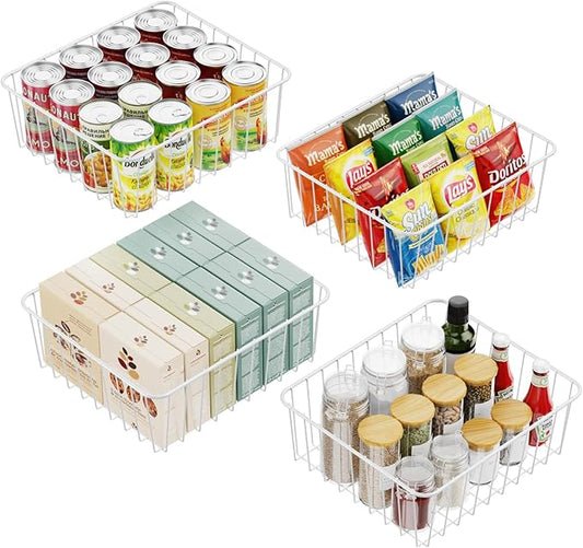 iSPECLE Wire Baskets - 4 Pack Wire Baket for Storage, Pantry Baskets Organizer Bins, Cabinet Storage Organization for Easily Get Items, White
