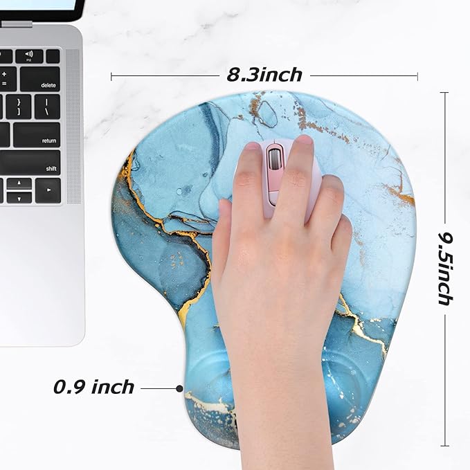 Hsurbtra Ergonomic Mouse Pad with Wrist Rest Support, Gel Mouse Pads with Non-Slip PU Base, Pain Relief Memory Foam Computer Mat, Cute Office Supplies Desk Decro Accessories, Blue Marble
