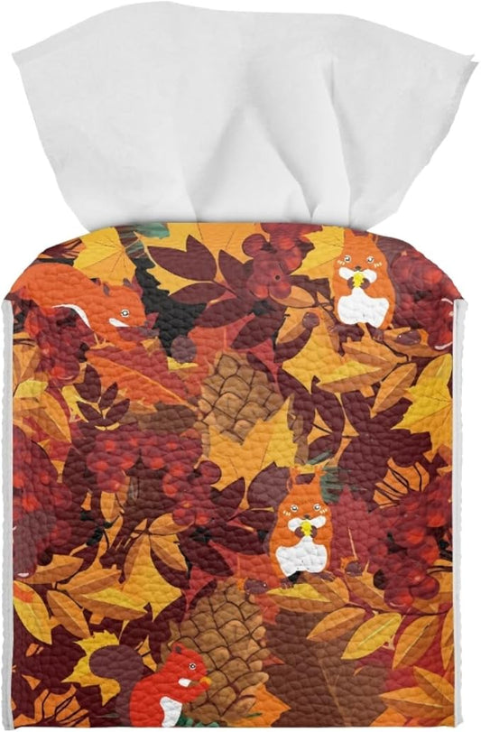 Maple Leaves Tissue Box Cover Square Pu Leather Tissue Box Holder for Napkin Facial Paper Organizer with Buttons Thanksgiving Squirrel Modern Home Decorative for Bedroom/Bathroom