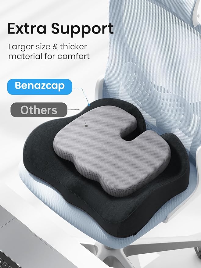Benazcap Ergonomic Seat Cushion -Large Memory Foam Office Chair Cushion Seat Pad - Sciatica & Lower Back Pain Relief - Car Seat Cushions for Driving Seat Cushions