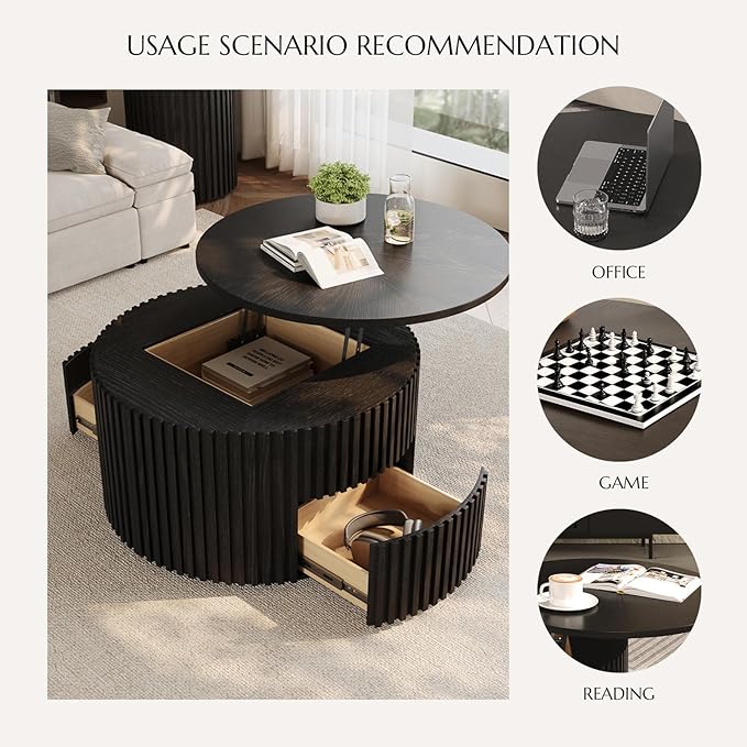 POVISON Round Coffee Table with Storage, Lift Top Coffee Table for Living Room, 39.37" Fluted Mid Century Modern Center Table for Home, Office, Black, Fully Assembled