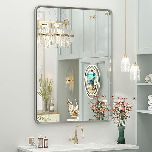 OKPAL 22 x 30 Brushed Nickel Bathroom Vanity Mirror, Rounded Rectangle Silver Bathroom Mirror, Brushed Silver Framed Farmhouse Mirror, HD Anti-Rust Wall Mirror(Horizontal/Vertical)