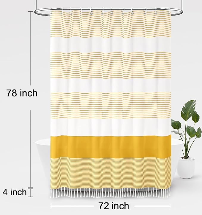 Awellife Boho Yellow Shower Curtain for Bathroom Farmhouse Cotton Stripe Tassel Shower Curtain Natural Texture 78" L x 72" W
