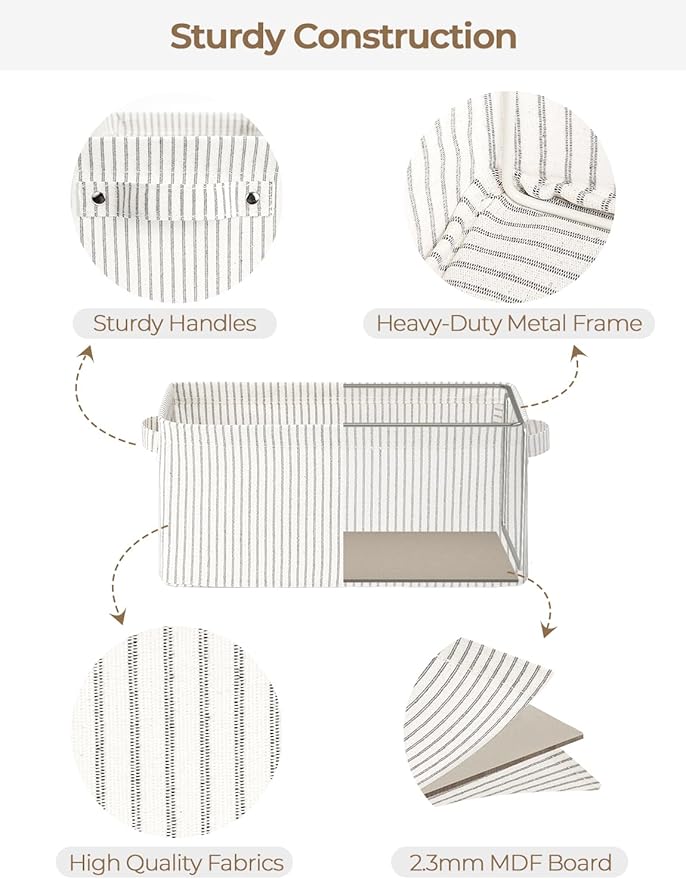 StorageWorks Narrow Storage Bins, Small Basket for Closet and Shelves, Rectangular Fabric Organizer with Handles, Toilet Paper Storage, Khaki and Beige Stripes, 2-Pack