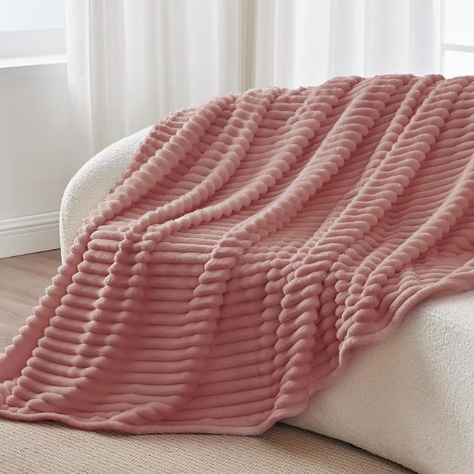 BEDELITE Twin Blanket for Couch & Bed, 300GSM Soft & Warm Fleece Blanket, Decorative and Giftable Striped Dusty Pink Blankets for Women, Men, 60"x80"