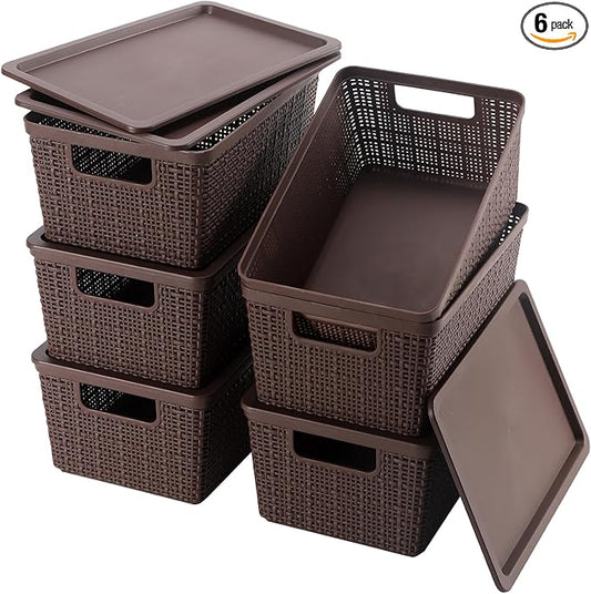 6 Pack Plastic Storage Baskets With Lids,Brown Breathable Stackable Storage Bins,Small Storage Containers,for Organizing Storage Baskets on Desktops,Closets,Playrooms,Classrooms,Offices