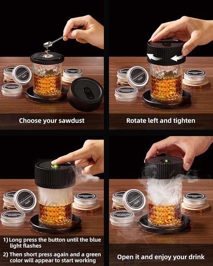 Electric Whiskey Smoker Kit - with 6 Flavors Wood, No Butane Needed Electric Cocktail Smoker Kit, Drink Smoker Kit Gifts for Men/Dad/Husband - with Ice Ball molds and LED Illuminated Coasters